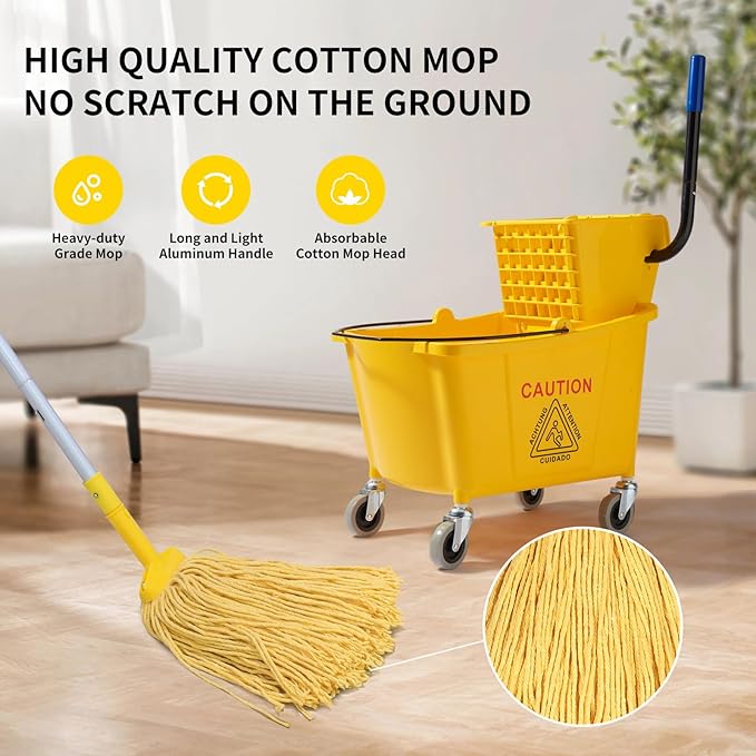 35 Quarts Commercial Mop Bucket Set with Side-Press Wringer for Floor Cleaning, Yellow, Including One Commercial Mop