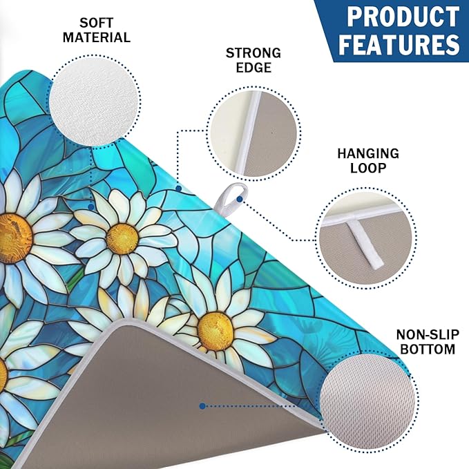 Daisy Drying Mat 24x18 Inch, Summer Spring Drying Mat with Absorbent Reversible Microfiber, Rustic Flowers Dish Drainer Mats Floral Rack Pad for Coffee Countertop Kitchen Protector