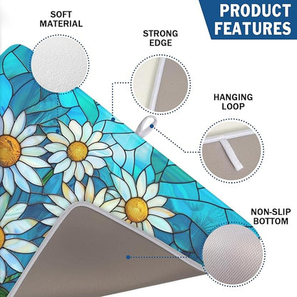Daisy Drying Mat 24x18 Inch, Summer Spring Drying Mat with Absorbent Reversible Microfiber, Rustic Flowers Dish Drainer Mats Floral Rack Pad for Coffee Countertop Kitchen Protector