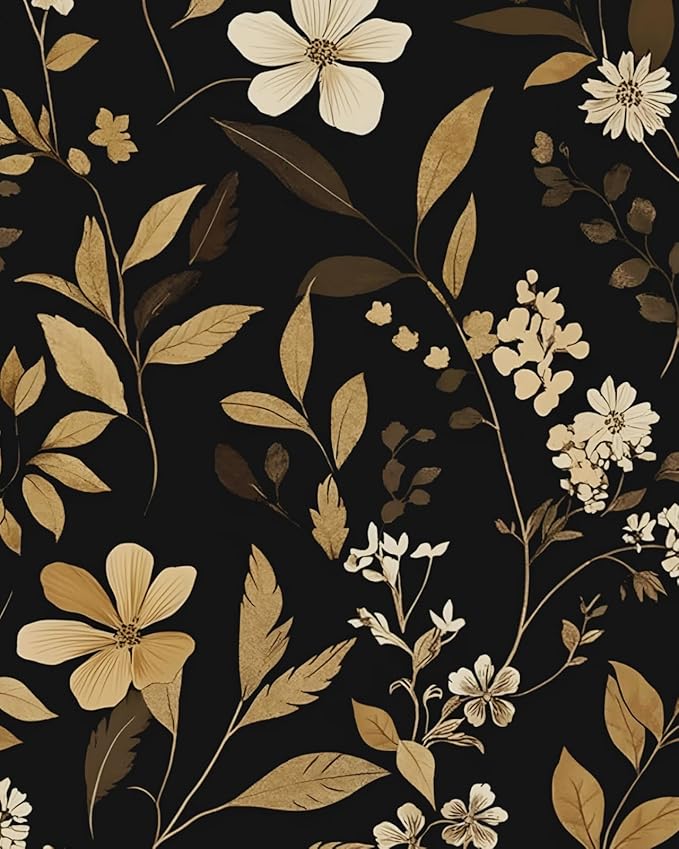 Fvlow Black Gold Floral Wallpaper Retro Peelable Wall Paper 17.4" x 394"Vintage Dark Contact Paper Renter Friendly Covering for Bedroom Bathroom Cabinet Home Decor