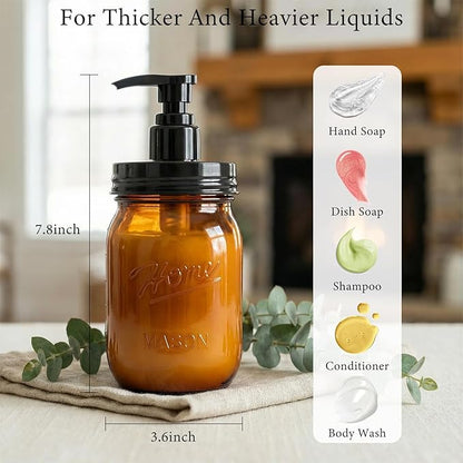 Amolliar Plastic Mason Jar Soap Dispenser with Pump Lid,16OZ Refillable Hand Soap Dispenser Set with Cute Lables - Farmhouse Decor for Kitchen Bathroom, Liquid Soap, Dish Soap, Lotion (2 Pack, Amber)