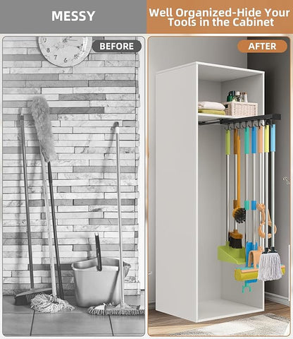 Pull Out Broom Holder With Adjustable Double Row Sliding Hook, Multifunctional Slide Broom And Mop Storage/Organizer Garage Organization Hooks, for Closet Laundry Garage Cupboard - 46cm/18.11inch