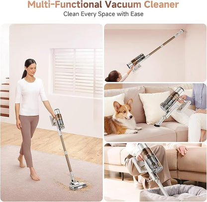 Cordless Vacuum Cleaner: Portable 6-in-1 Stick Vacuum with Anti-Tangle Brush, LED Headlight, Self-Standing, HD Display, Rechargeable Vacuum for Pet Hair, Low-Pile Carpet and Hardwood Floor-Off White
