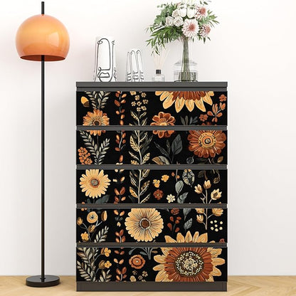 Boho Dark Floral Peel and Stick Wallpaper, Vintage Black Brown Flower Pattern Design Removable Wall Paper for Bedroom Cabinet Drawer, Vinyl Abstract Classic Contact Paper Decor 17.5In x 118In