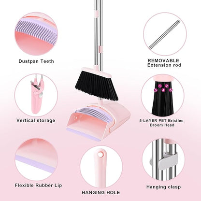 Broom with Dustpan Combo Set, 52-in Adjustable Handles Broom and Dustpan Set with Combo Teeth Easy to Scrape Off Pet Hair, Indoor&Outdoor Sweeping