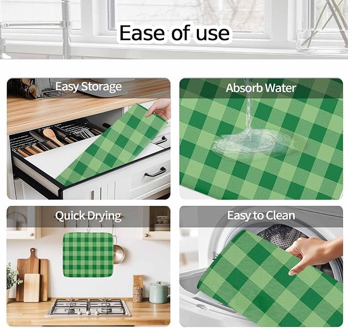 Dish Drying Mat Green White Check Plaid Drying Mats for Kitchen Counter Farmhouse Style Absorbent Microfiber Dish Drainer Quick Drying Coffee Mat with Hanging Loop, 18 x24 inch