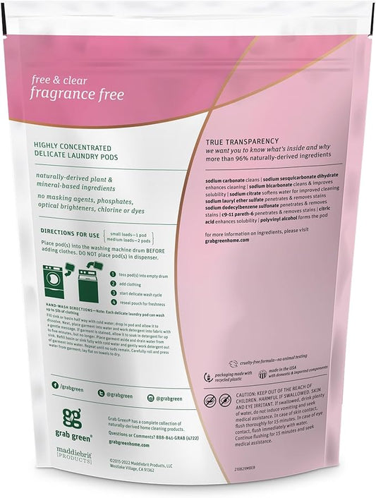 Grab Green Natural Delicate Wash Laundry Detergent Pods, Fragrance Free, Unscented/Free & Clear, 24 Loads