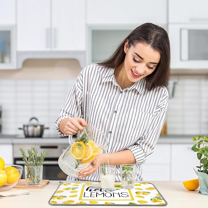 Zonon Dish Drying Mat for Kitchen Counter 16 x 24 Microfiber Absorbent Dish Drainer Rack Pads Fast Dry Mat Vintage Kitchen Decorations(Lemon)