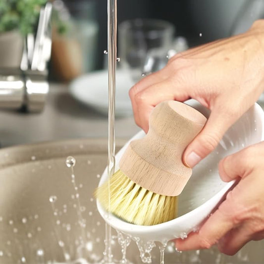 4-Pack Bamboo Dish Brush, Palm Brush Dish Scrubber with Nylon Bristles for Cleaning Pot, Pan, Kitchen Sink, Cookware & Vegetables
