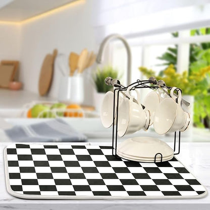 Black White Chessboard Dish Drying Mat for Kitchen Countertop 18x24 Plaid Checkered Rectangle Large Drying Mat Reusable Quick Dry Dish Sink Absorbent Mats Easy Clean Decorative Home Essentials