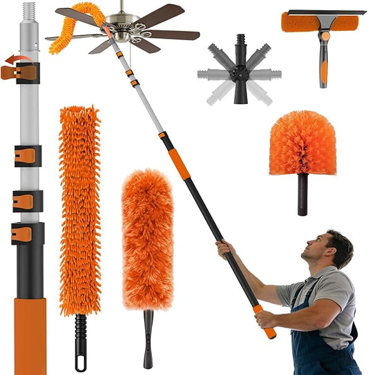 16FT Reach High Ceiling Duster Kits with 3-12FT Adjustable Pole - Includes Extra Long Duster, High Ceiling Duster, Rotatable Window Squeegee & Cobweb Duster for Ceiling Fans and Whole House Cleaning