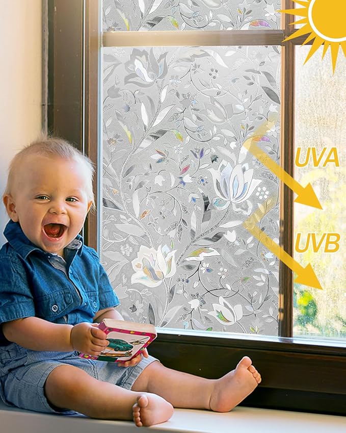 Frosted Tulip Patterned Window Privacy Film with Installation Tools, Stained Glass Decorative Film, Removable, Peep-Proof, Static Cling (29.5 x 78.7 Inch)