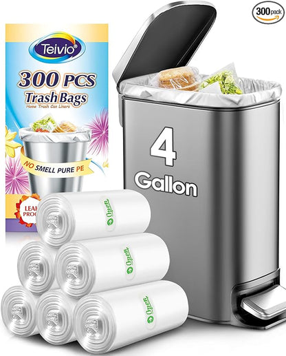 Teivio Small Trash Bags 4 Gallon 300 Counts Garbage Bags, Bathroom Trash Can Bin Liners, Small Plastic Bags for home office kitchen, fit 12-15 Liter, 3,3.5,4.5 Gal, Clear