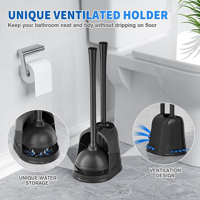 LOVLOY Toilet Plunger and Brush, Silicone Bowl Brush and Heavy Duty Toilet Plunger Set with Ventilated Holder, 2-in-1 Toilet Brush and Plunger Combo for 5.3-inch Toilet Drain Bathroom Cleaning