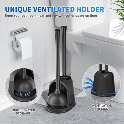 LOVLOY Toilet Plunger and Brush, Silicone Bowl Brush and Heavy Duty Toilet Plunger Set with Ventilated Holder, 2-in-1 Toilet Brush and Plunger Combo for 5.3-inch Toilet Drain Bathroom Cleaning
