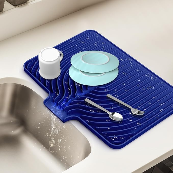 Dish Drying Mat for Kitchen Counter, with Built-in Drain Lip, Food-Grade Silicone, Easy Clean Pad for Countertop Protection, Multi-Functional Use (18x11.8, Midnight Blue)