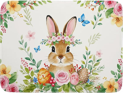 Easter Egg Bunny Dish Drying Mat 18 x 24 Inch With Absorbent Reversible Microfiber Spring Floral Flower Rabbit Butterfly Holiday Drying Mats Fast Dry Pad Draining Mat For Kitchen Countertop