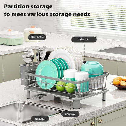 Small Dish Drying Rack, Space Saving Dish Racks for Kitchen Counter, Kitchen Organizer Dish Drainer with Cutlery Holder for Spoons and Forks, 11''W x 15''L, Gray