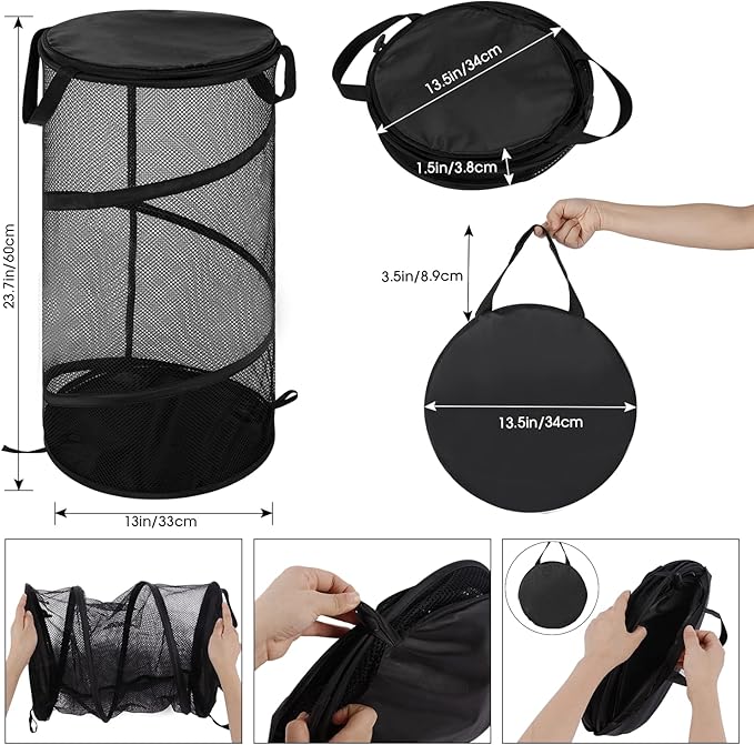 BATTOO 2 Pack Collapsible Laundry Basket with Lid Foldable Mesh Pop Up Hamper with Handles for Laundry Room, Bathroom, Kids Room, College Dorm, Travel, Storage Organizer Black+White