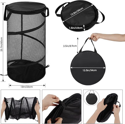 BATTOO 2 Pack Collapsible Laundry Basket with Lid Foldable Mesh Pop Up Hamper with Handles for Laundry Room, Bathroom, Kids Room, College Dorm, Travel, Storage Organizer Black+White