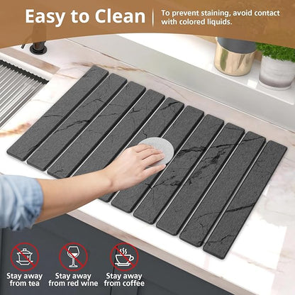 2 PCS Large Stone Dish Drying Mat for Kitchen Counter, Marbled Quick Dry Stone Dish Mats, Diatomaceous Earth Drying Pad, Foldable and Super Absorbent Dish Drying Stone Mat (Dark Gray 24"×16" & 8"×4")