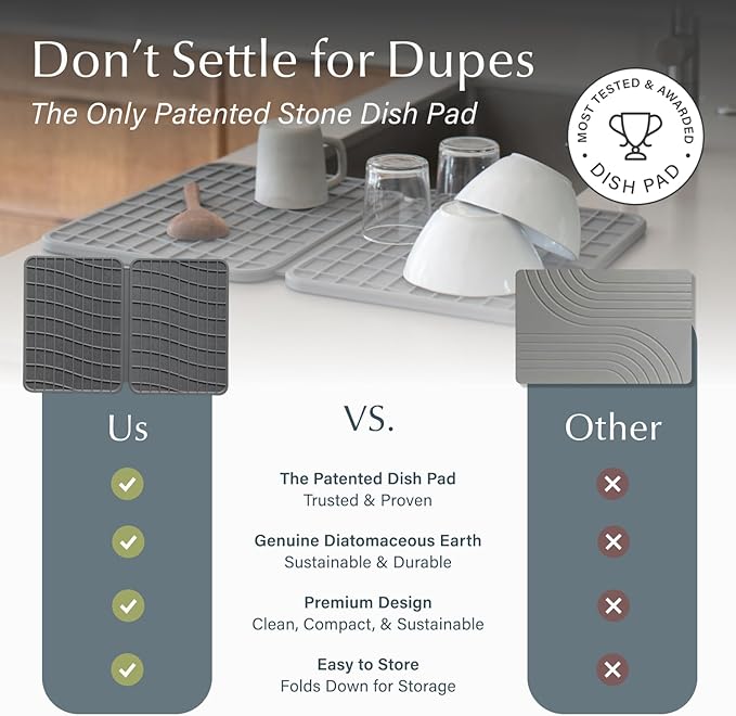 Dorai Home Dish Pad - Collapsable Stone Dish Drying Mat with Diatomaceous Earth for Quick Drying - Ultra Absorbent - Encased in Woven Silicone - Eco-Friendly, Foldable - Large 24.6" x 16.5", Slate