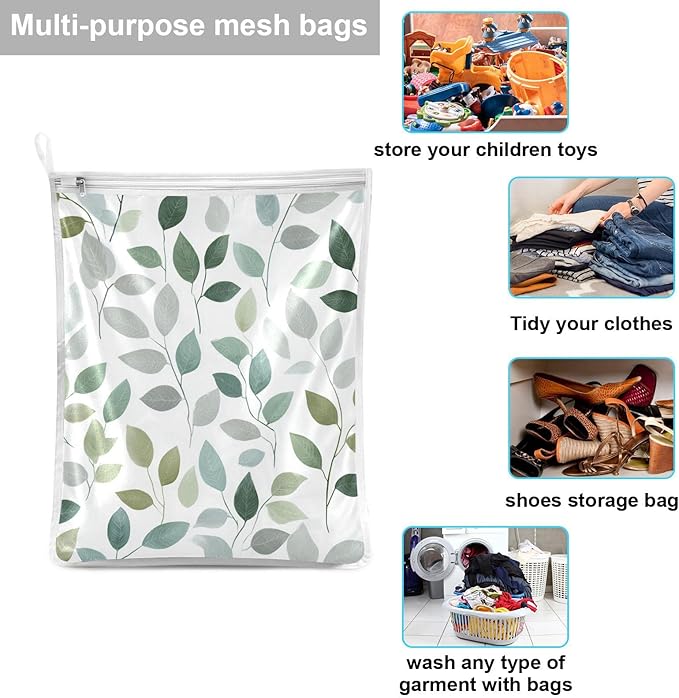 Mesh Laundry Bags Lingerie Bags for Washing Delicates 2 PCS Durable Wash Bag with Zipper Small and Medium Washable Fresh Green and Grey Leaves