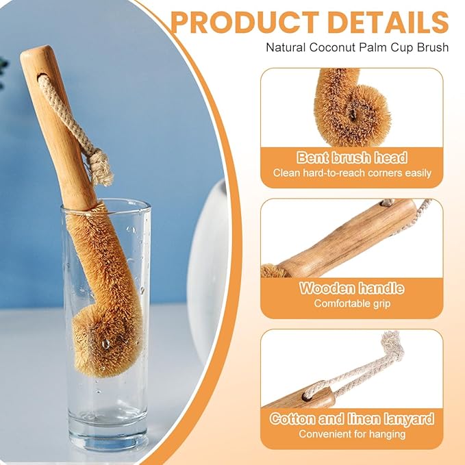 1Pcs Long Handle Scrubber with Bamboo Handle and Coconut Fibers Bristles Cleanning Brush for Glass Bottle Cup Winebottle Kitchen Home