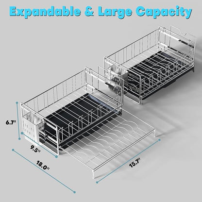 Large Dish Drying Rack, Expandable Dish Rack, 304 Stainless Steel Dish Racks for Kitchen Counter, Multifunctional Dish Drainers with Utensil Holder & Cutting Board Holder