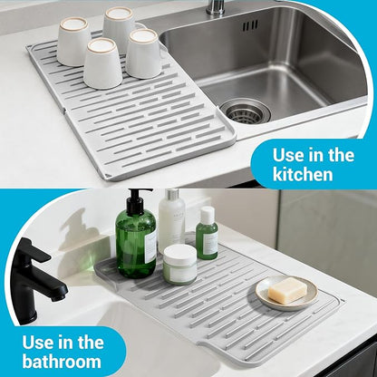 Silicone Dish Drying Mat for Kitchen Counter, Foldable & Heat Resistant Drying Pad with 5° Slope & Wide Drain, 15x12 Inch Non-slip Sink Mat for Bathroom and Countertop.(Light Grey）