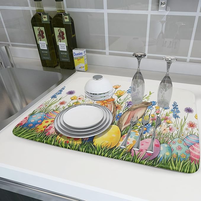 Easter Colorful Bunny Egg Flowers Dish Drying Mat 18 x 24 Inch Absorbent Reversible Microfiber Spring Butterfly Floral Rabbit Holiday Drying Mats Fast Dry Pad Draining Mat For Kitchen Countertop