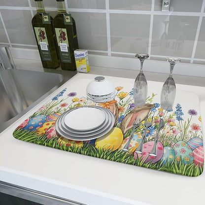 Easter Colorful Bunny Egg Flowers Dish Drying Mat 18 x 24 Inch Absorbent Reversible Microfiber Spring Butterfly Floral Rabbit Holiday Drying Mats Fast Dry Pad Draining Mat For Kitchen Countertop