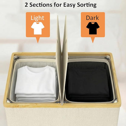 efluky Laundry Hamper with Lid, Double Laundry Hamper with 2 Removable Bags, 2 Section Laundry Basket with Bamboo Handles for Bathroom, Bedroom & Laundry Room, 140L (36.9 Gallon) Beige