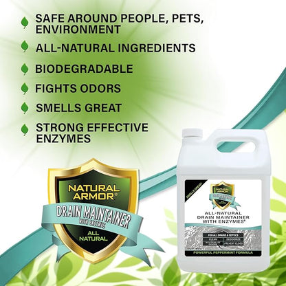 Natural Armor Enzyme Drain Maintainer - Gallon Drain Cleaner with Natural Enzyme Power to Prevent Buildup & Odors - Safe for Sinks, Showers, Grease Traps & Septic - Non-Toxic Formula, 128 fl oz