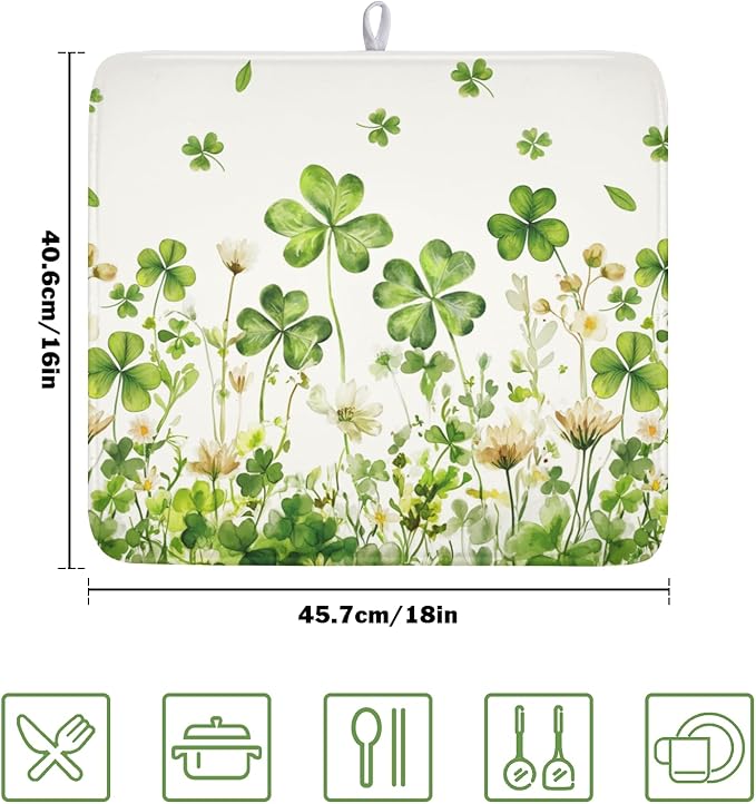 St Patrick's Day Dish Drying Mat 16 x 18 Inch Green Clover Dish Drainer Rack Mat Absorbent Microfiber Mats for Shamrock Dish Pad Spring Lucky Dish Pad for Kitchen Bar Decor