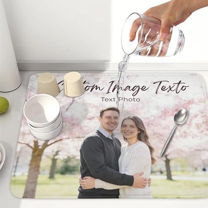 Custom Personalized Dish Drying Mat for Kitchen Counter,Customized Drying Mats with Picture Text Image 18 x 24 Inch with High Absorbent Microfiber Drainer Mat for Coffee Bar