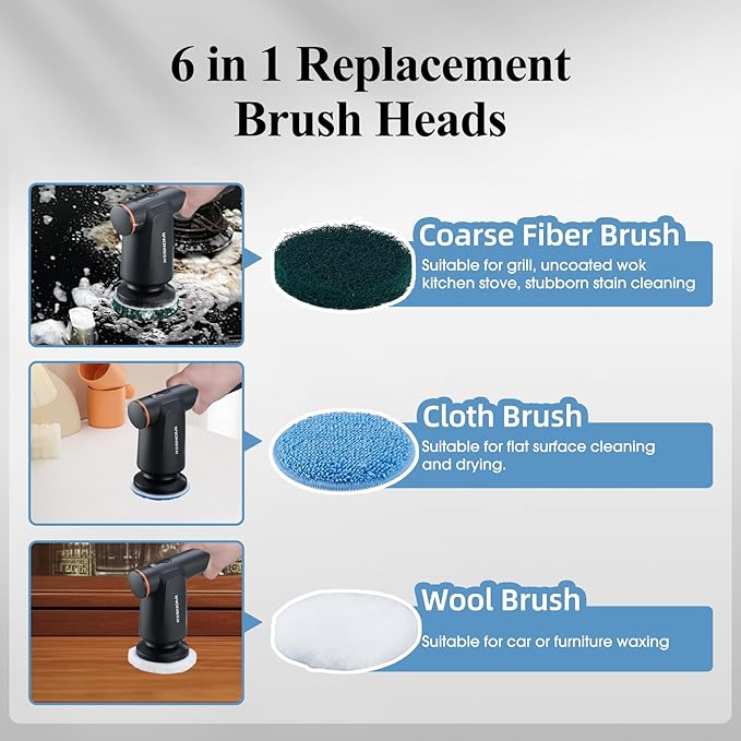 Electric Spin Scrubber, Cordless Bathroom Shower Scrubber with LCD Display & 2 Speeds, IPX7 Waterproof Cleaning Brush, 6 Replaceable Heads, 4-Hour Runtime for Kitchen Tile Bathtub Car, Gray-Black