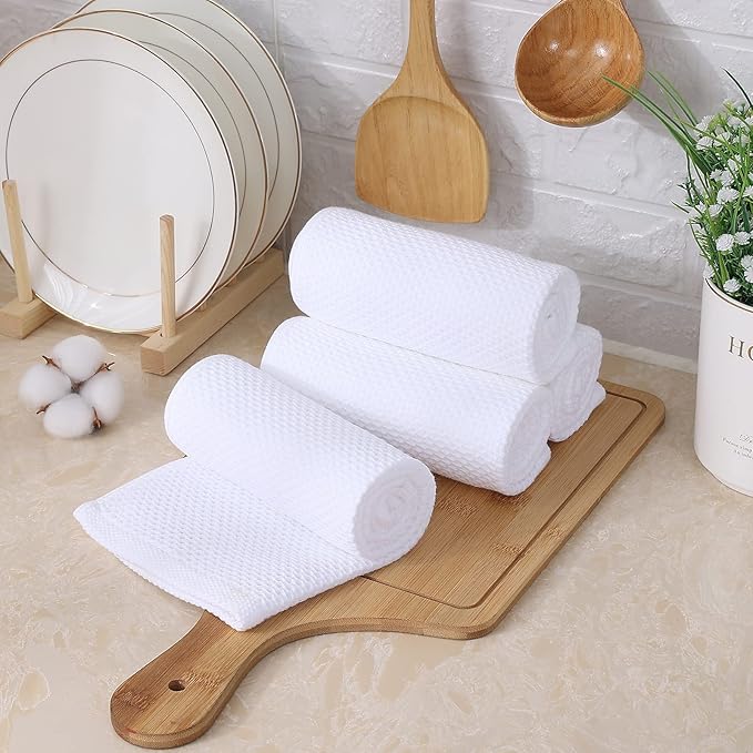 Kitinjoy 100% Cotton Waffle Weave Kitchen Hand Towels (13 X 28 Inches, White), 8-Pack Super Soft and Absorbent Dish Towel for Drying Dishes