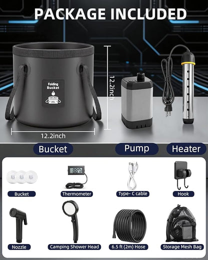 2026 Upgraded Portable Shower with Heater for Camping, 6000mAh Rechargeable Camping Shower Pump with LED Display, 3 Spray Modes 5 Gal Foldable Bucket, Outdoor Shower for Travel RV Pet Bath Car Washing