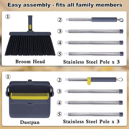 Heavy Duty Broom and Standing Dustpan Combo Set, Rotatable Head Dust Pan and Brush Set with Collapsible Handle, Cleaning Teeth, Hanging Loop, Ideal for Pets, RV, Kitchen, Camping, Outdoor Floor, Gray