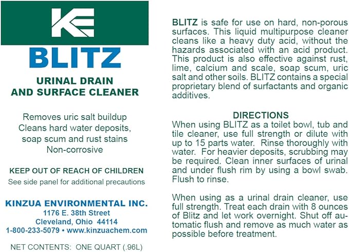 KINZUA ENVIRONMENTAL Blitz Professional Urinal Cleaner, Replaces Harsh Acids, Toilet Bowl & Urinal Drain Cleaner, Safe Urine Remover Formula for Pipes, 32 fl oz
