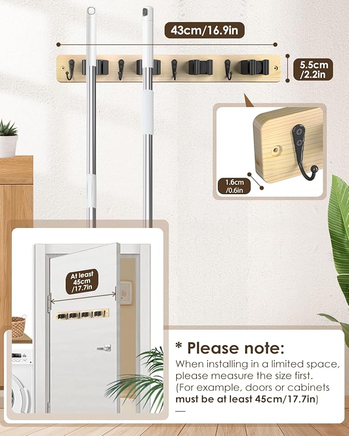 Broom Holder Wall Mounted, Light Wood 4 Holders and 4 Hooks Mop Holder, Wooden Mop and Broom Holder with Anti slip rubber, Natural pine wood Brush Holder, Mop Wall Holde with Nail installation