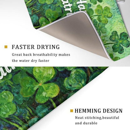 St Patricks Day Lucky Clover Dish Drying Mat for Kitchen Counter 18x24 Green Shamrock Happy Holiday Theme Absorbent Reversible Microfiber Drying Mats Kitchen Countertop Protector Dishes Drainer Pad