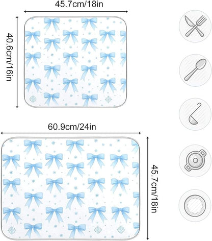 Blue Bow Ribbon Dish Drying Mat for Kitchen Countertop 18x24 Bowknot White Coquette Pattern Large Drying Mat Reusable Quick Dry Dish Sink Mats Easy Clean Decorative Essentials