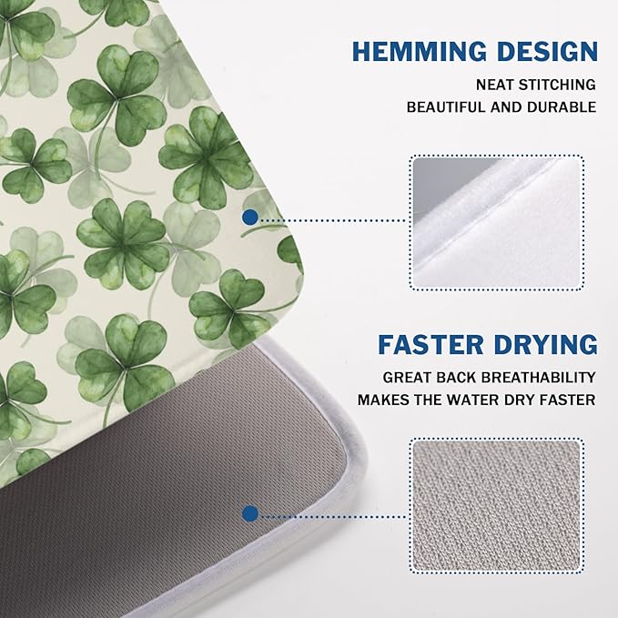 St Patrick's Day Green Clover Dish Drying Mat for Kitchen Counter Spring Holiday Watercolor Lucky Shamrock Drying Mat 18x24 Inch Absorbent Dish Drainer Mat Kitchen Accessories