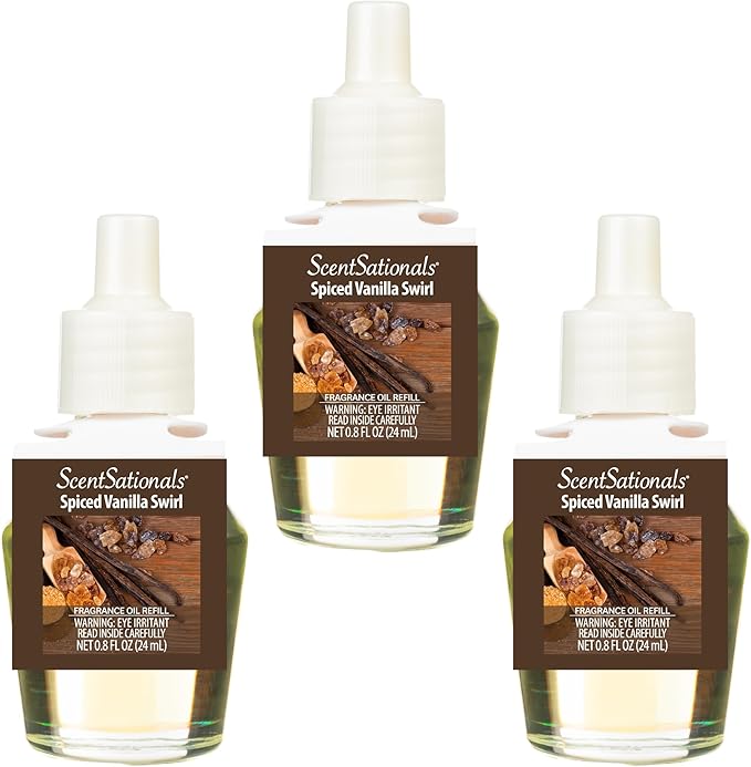 ScentSationals Spiced Vanilla Swirl Fragrance Oil Plug In Air Freshener Refills 3-Pack - Works with Scentsationals Wall Plugs, Long-Lasting Home Fragrance, 0.8 fl oz Each, Packaging May Vary