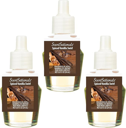 ScentSationals Spiced Vanilla Swirl Fragrance Oil Plug In Air Freshener Refills 3-Pack - Works with Scentsationals Wall Plugs, Long-Lasting Home Fragrance, 0.8 fl oz Each, Packaging May Vary