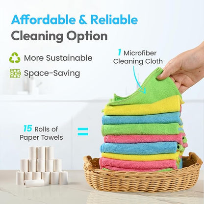 Microfiber Cleaning Cloth 24 Pack, 12x12 Inch Reusable Kitchen Dish Towels,Super Absorbent Soft Cleaning Rags for House, Window, Glass, Bathroom and Countertop (Assorted Colors)