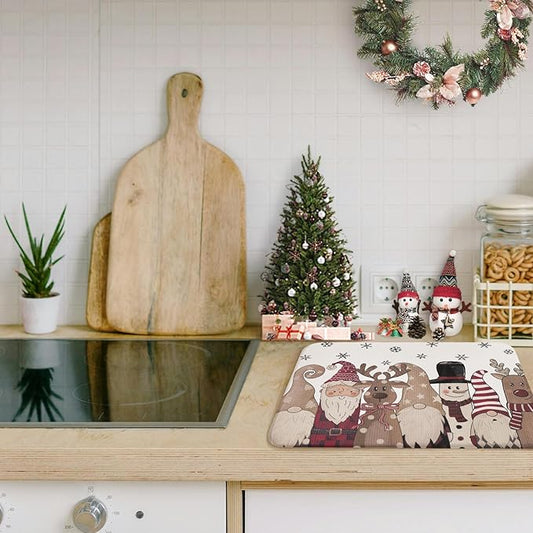 Christmas Dish Drying Mat, Ultra Absorbent Microfiber Dish Drainer Mat Christmas Snowman Reindeer Drying Mats for Kitchen Counter, Coffee Maker, Tableware Decor, 18 x 24 Inch