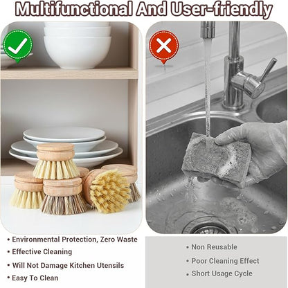 14pcs Dish Brush Replacement Heads Set with 2 Handles, 6 Sisal & 6 Coir Bristle Brush Heads for Kitchen Cleaning – Natural Wooden Scrubbers for Pots, Pans, Dishes – Eco Friendly